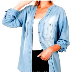 Zenana Chambray Roll Up Sleeve Hi Lo Hem Shirt